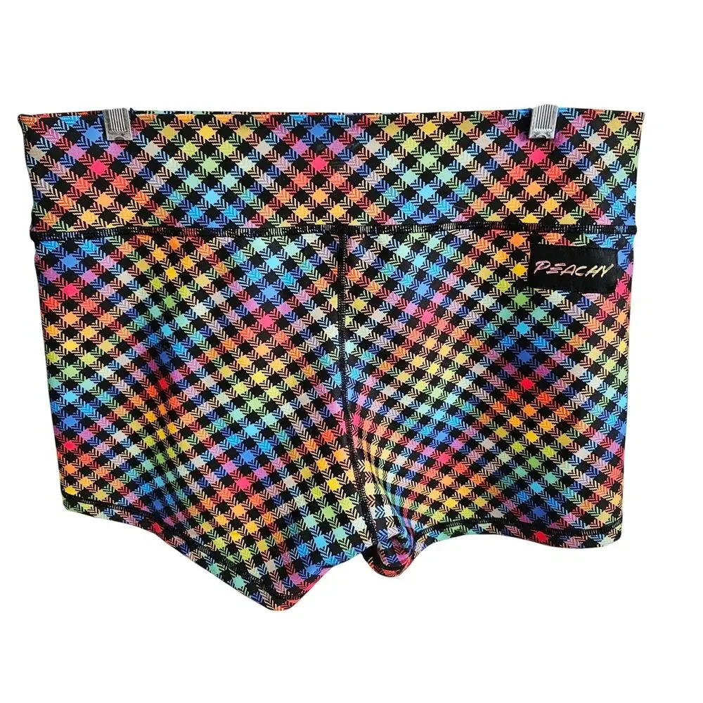Peachy Women's XL Serenity Squat Proof Shortie Shorts Rainbow Neon Checkered